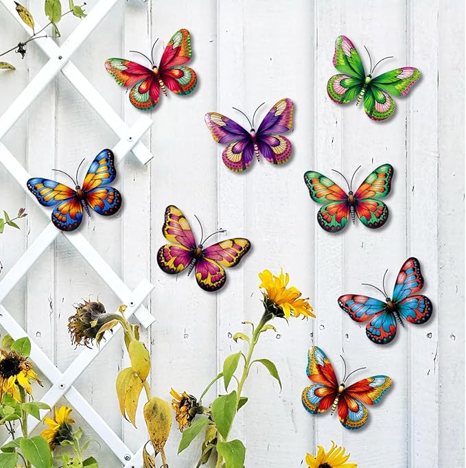 Metal Butterfly Wall Decor, 8 Pack Butterflies Wall Art Hanging Sculptures Decorations for Indoor Outdoor Decor Fence Garden Yard Patio Exterior Decor