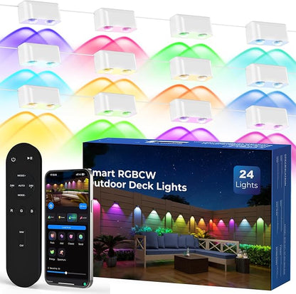 Outdoor Deck Lights, 24 Lights Smart Fence Lights Compatible with Alexa & Google Home, IP65 LED Patio Deck Lighting with Remote, Fence Lighting Music Sync for Patio Yard Garden(157.2ft)