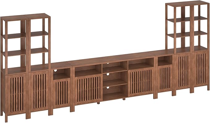 BVIUNTWO Farmhouse TV Stand for 100 inch TVs, Entertainment Center with Bookshelves, 8 Door Media Console with Adjustable Shelves, Storage Cabinet for Living Room Bedroom Home Theater, Rustic Brown