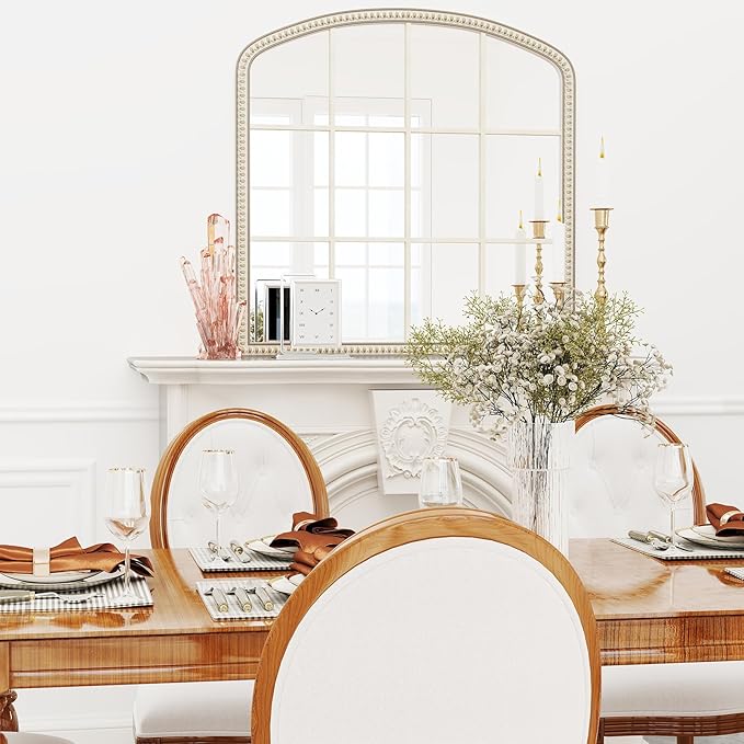 HOITUZYUS 36x36 Inch Wooden Wide Arched Mirrors for Wall with Window Girds, Large Farmhouse Decorative Mirror for Living Room, Entryway, Hallway, Fireplace, Bathroom