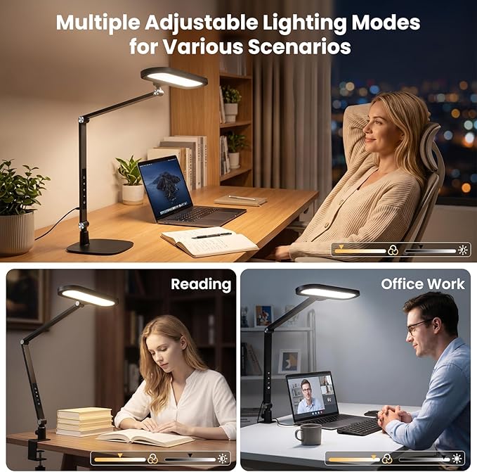 LIONVISON LED Desk Lamp for Home Office: Eye-Caring Clamp & Stand Double Side Desk Light with Remote & Memory - Stepless Dimming & Color Adjustable Table Lamps for Zoom Study Video Conference