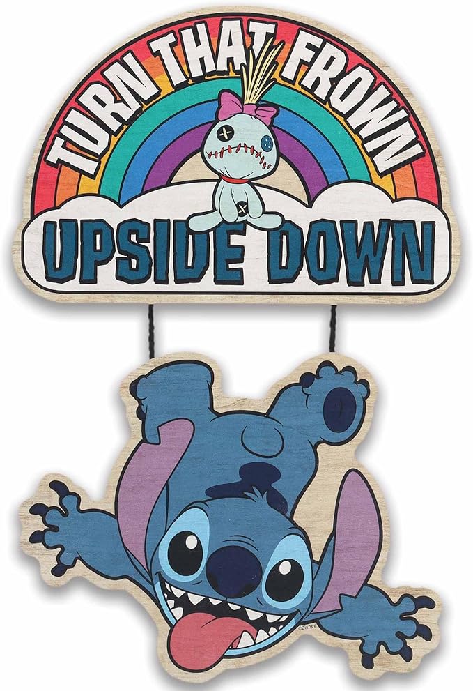 Open Road Brands Disney Lilo and Stitch Turn That Frown Upside Down Linked Hanging Wood Wall Decor - Fun Stitch Decoration for Kids' Bedroom or Play Room
