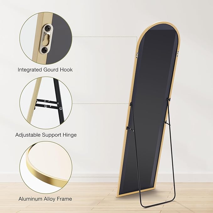 OLIXIS Arched Full Length Mirror 59"x16.3" for Bedroom, Full Body Mirror with Stand, Hanging or Leaning for Wall, Aluminum Alloy Thin Frame Floor Standing for Living Room, Long, Gold