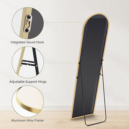 OLIXIS Arched Full Length Mirror for Bedroom, 58"x19" Full Body Mirror with Stand, Hanging or Leaning for Wall, Aluminum Alloy Thin Frame Floor Standing for Living Room, Long, Gold
