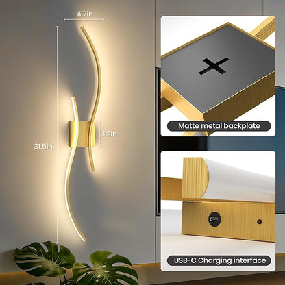 Battery Operated Wall Sconces Set of Two, 10000mAh Rechargeable Modern Wall Lights with Remote Control, Dimmable Gold LED Cordless Lighting for Living Room, Bedroom, Hallway, 31.5 Inch, 3CCT