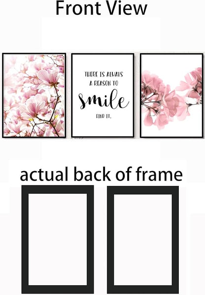 Framed Scandinavian Flower Canvas Poster Pink Magnolia Floral Print Painting Nordic Smile Quote Art Wall Pictures for Living Room Office Bedroom Home Decor -3 Pack (12 X 16Inch)