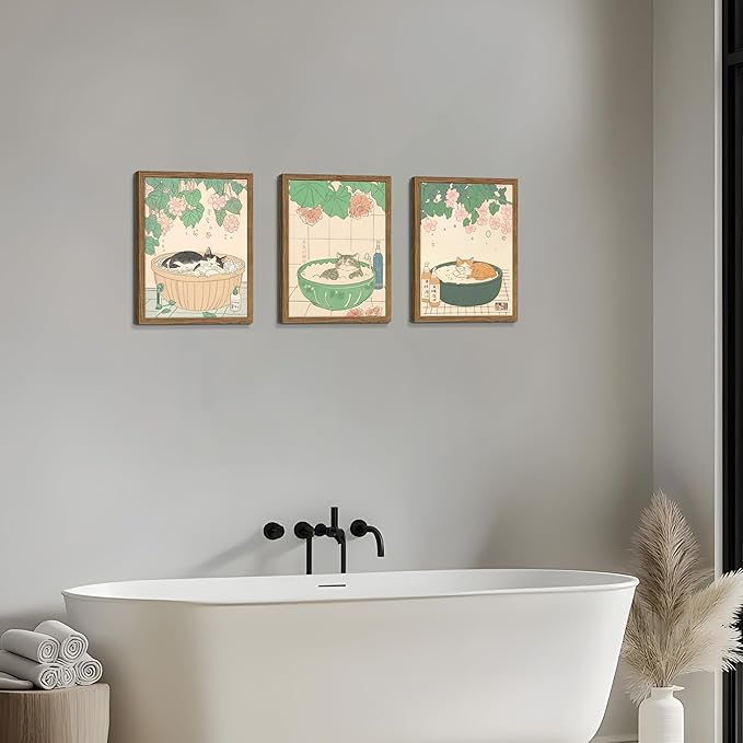 Japanese Cat Bathroom Wall Art Set of 3, Funny Cat in Bathtub Canvas Wall Decor Paintings, Vintage Japandi Cute Animal Aesthetic Poster Prints Pictures for Restroom Bathroom 12x16 Inch Framed