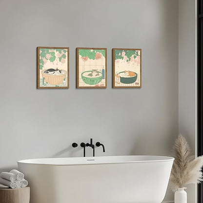 Japanese Cat Bathroom Wall Art Set of 3, Funny Cat in Bathtub Canvas Wall Decor Paintings, Vintage Japandi Cute Animal Aesthetic Poster Prints Pictures for Restroom Bathroom 12x16 Inch Framed