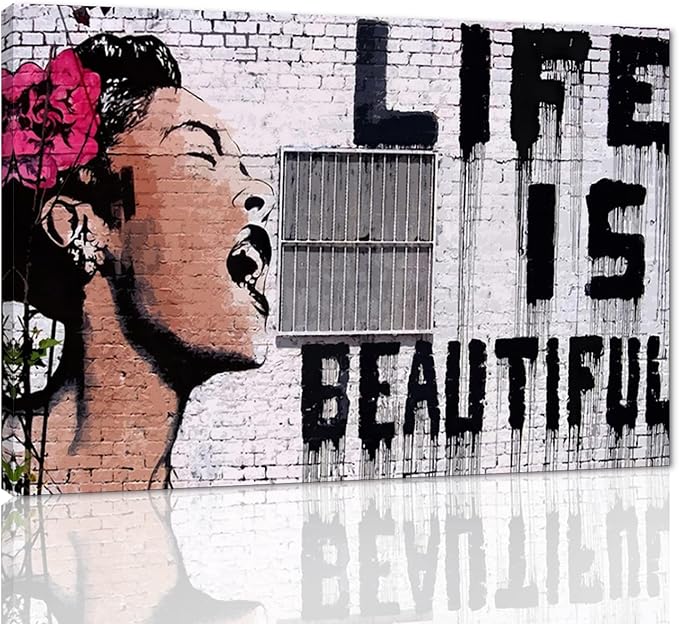 Yatsen Bridge Graffiti Street Art Banksy Art Women Painting Print on Canvas Life is Beautiful Home Artwork for Living Room Bedroom Decoration Framed Ready to Hang - 36" W x 24" H
