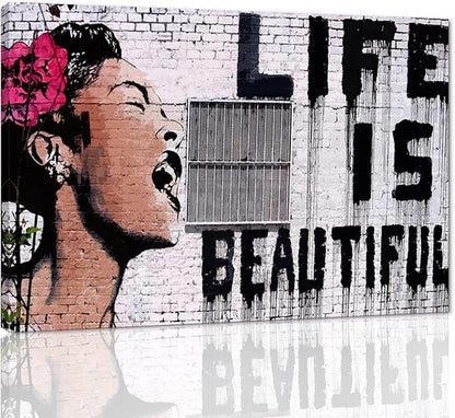 Yatsen Bridge Graffiti Street Art Banksy Art Women Painting Print on Canvas Life is Beautiful Home Artwork for Living Room Bedroom Decoration Framed Ready to Hang - 36" W x 24" H