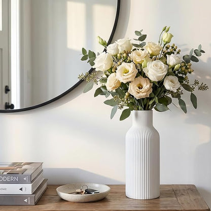 Large White Tall Ceramic Vase,Modern Matte Vertical Ribbed, Nordic Minimalist for Pampas, Dried & Fresh Flowers,Home Decor for Living Room, Coffee Table, Bookshelf, Entryway, Farmhouse