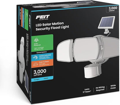 Feit Electric Outdoor LED Triple Head Solar Security Flood Lights with Motion Sensor, Dusk-to-Dawn Sensor, 3000 Lumens Floodlight, 5000K Daylight, No Hardwiring Needed, S13TFL/3000MOTSOL/WH