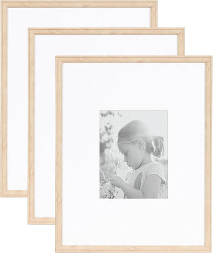 Kate and Laurel Adlynn Rectangle Picture Frame Set of 3; 16 x 20 matted to 8 x 10; Natural; Transitional Three-Piece Frame Set for Gallery Wall Frame Set in Living Room Wall Decor
