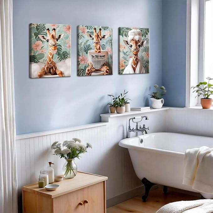 Funny Animal Bathroom Wall Art Set of 3, Cute Giraffe in Toilet Reading Newspaper Wall Decor Paintings Eclectic Giraffe Bathroom Canvas Prints Artwork 16x24 inch Framed