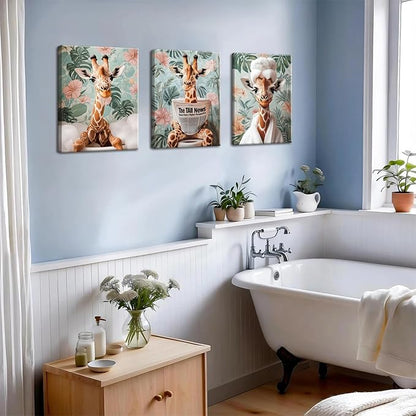 Funny Animal Bathroom Wall Art Set of 3, Cute Giraffe in Toilet Reading Newspaper Wall Decor Paintings Eclectic Giraffe Bathroom Canvas Prints Artwork 16x24 inch Framed