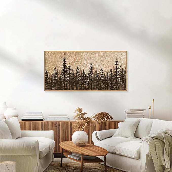 Forest Pine Tree Framed Canvas Wall Art Set,Rustic Woodland Landscape Wall Decor,Large Vintage Natural Painting,Retro Brown Artwork for Living Room,Bedroom, Kitchen,Study,Office - 20"x40"x1
