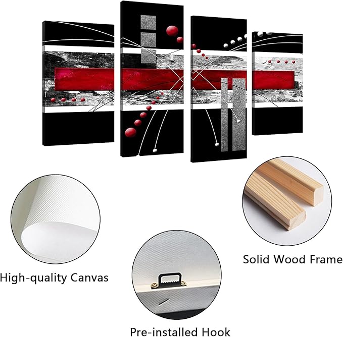 YPY Large Black Red Canvas Wall Art - 4 Panels Modern Abstract Picutre Set for Home Decoration - Contemporary Painting Artwork Ready to Hang Living Room Bedroom W64 x H46