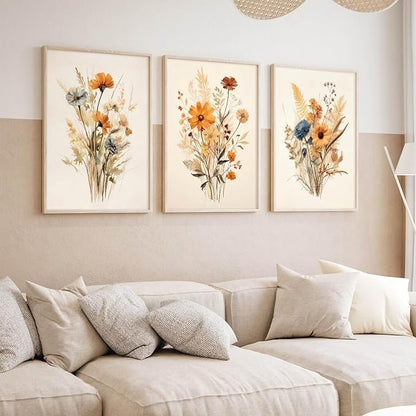Botanical Floral Wall Art Set of 3 Vintage Wildflower Canvas Wall Decor Watercolor Rustic Farmhouse Wall Art Aesthetic Botanical Pictures Vintage Floral Prints for Room Bedroom 12x16 Inch Unframed
