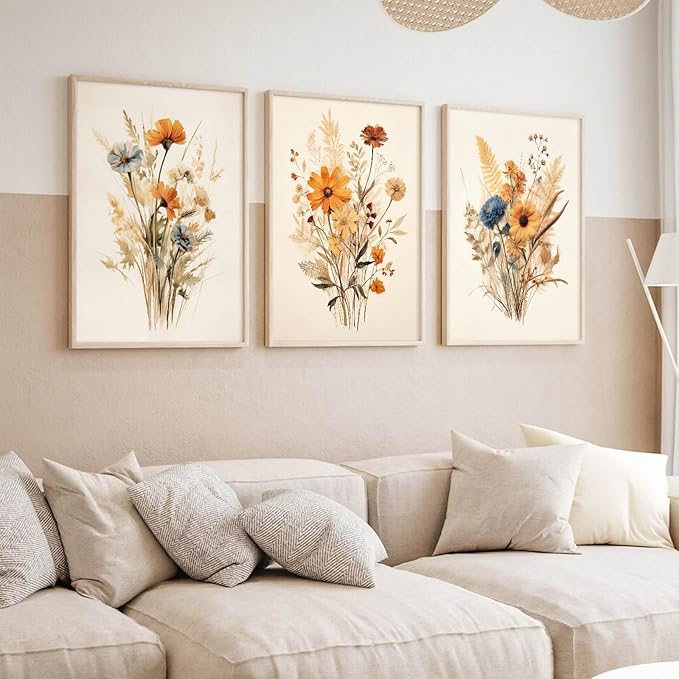 Botanical Floral Wall Art Set of 3 Vintage Wildflower Canvas Wall Decor Watercolor Rustic Farmhouse Wall Art Aesthetic Botanical Pictures Vintage Floral Prints for Room Bedroom 16x24 Inch Unframed