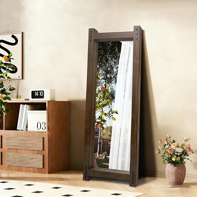 Wooden Standing Full Length Mirror Rustic Floor Full Body Wall Mounted Mirror for Farmhouse， 54"×19"