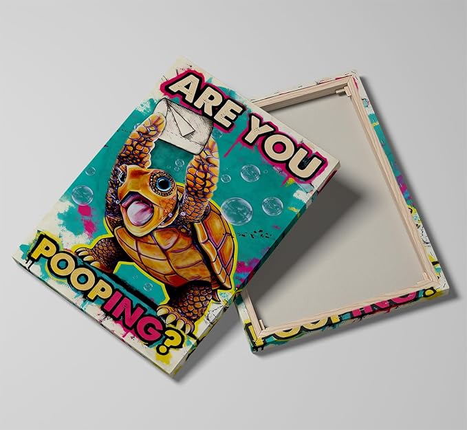 Funny Turtle Bathroom Wall Art Painting, Are You Pooping? Graffiti Humor Canvas Print, Teal Pop Art Bathroom Poster Decor, 16x24 Inch Framed Wall Picture for Bathroom Restroom Toilet Washroom