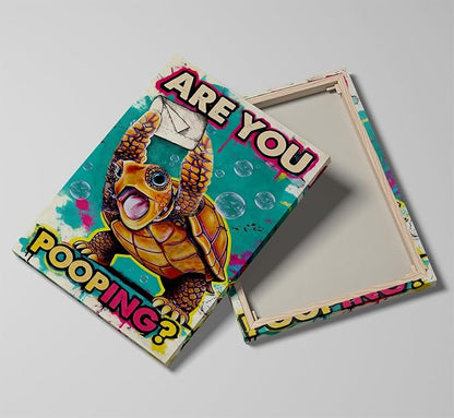 Funny Turtle Bathroom Wall Art Painting, Are You Pooping? Graffiti Humor Canvas Print, Teal Pop Art Bathroom Poster Decor, 16x24 Inch Framed Wall Picture for Bathroom Restroom Toilet Washroom
