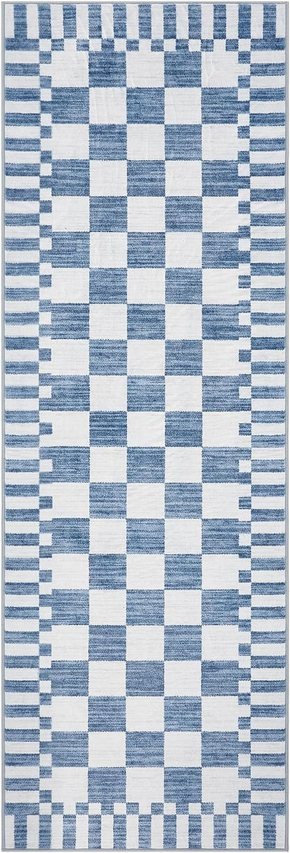 GarveeHome 2.5×8 Kitchen Runner Rug Non Slip,Dark Blue Checkered Rug,Washable Runner Rug for Hallway Soft Low-Pile Geometric Checkerboard Rugs for Entryway Kitchen Dining Room