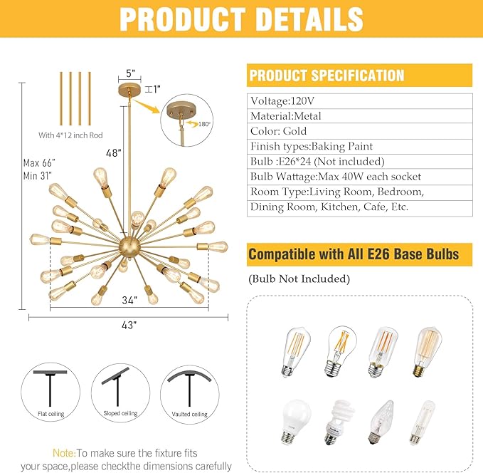 Large Gold Chandeliers for Dining Room Light Fixture | 43 Inch 24 Light Modern Chandeliers Over Table | Vintage Industrial Hanging Lighting for Living Dining Room, Kitchen Island, Entryway, Foyer