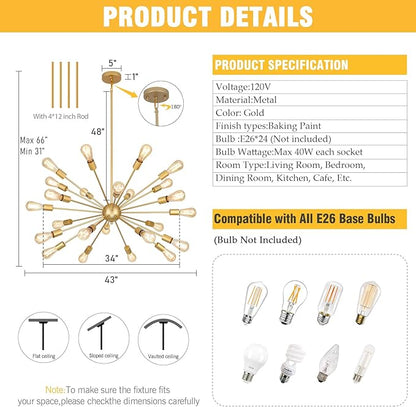 Large Gold Chandeliers for Dining Room Light Fixture | 43 Inch 24 Light Modern Chandeliers Over Table | Vintage Industrial Hanging Lighting for Living Dining Room, Kitchen Island, Entryway, Foyer
