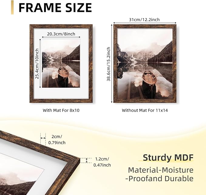 YESKAY 11x14 Picture Frame Set of 9, Photo Gallery Wall Frame Set, Display Pictures 8x10 with Mat or 11 x 14 Without Mat, Multi Photo Frames for Wall Mounting or Table Top Display, Rustic Brown