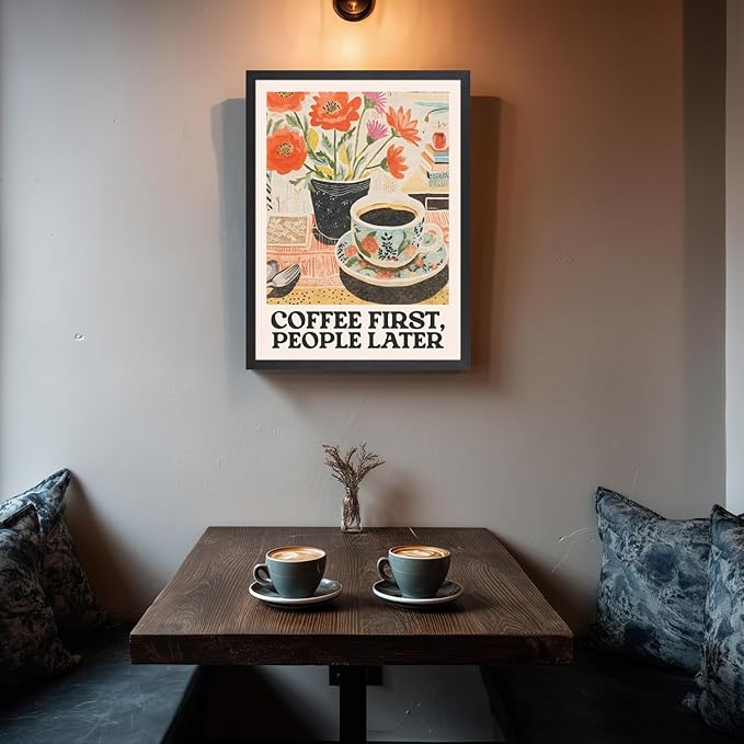 GELDSTEI Wood Framed Retro Coffee Wall Art, Vintage Cafe Wall Decor, Coffee First People Later Canvas Painting, Classical Cafe Bar Poster Print for Kitchen Dining Room Home Office 16x24 Inch
