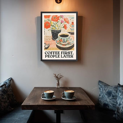 GELDSTEI Wood Framed Retro Coffee Wall Art, Vintage Cafe Wall Decor, Coffee First People Later Canvas Painting, Classical Cafe Bar Poster Print for Kitchen Dining Room Home Office 16x24 Inch