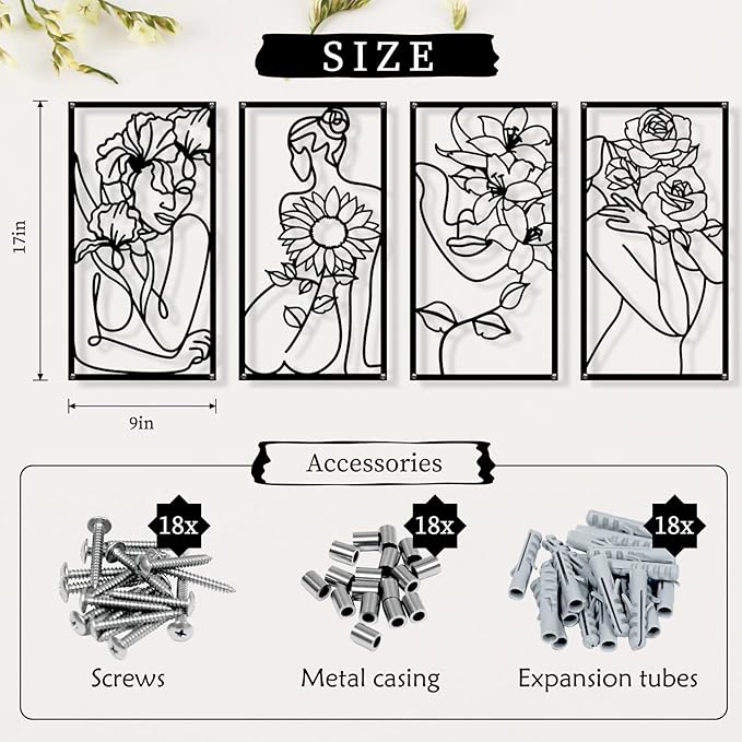 Zzbakress 4 Pcs Metal Minimalist Abstract Woman and Flower Wall Art Single Line Drawing Art Decor Minimalist Home Hanging Wall Decor for Bedroom Bathroom Living Room (style1, Black)