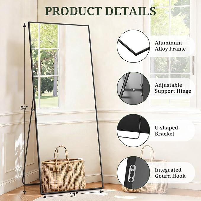 Mirror Full Length 64"x21" Full Body Floor Mirror with Stand, Shatterproof Glass, Aluminum Alloy Frame, Free Standing Wall Mounted or Leaning Rectangle Mirrors for Bedroom Living Room Entryway