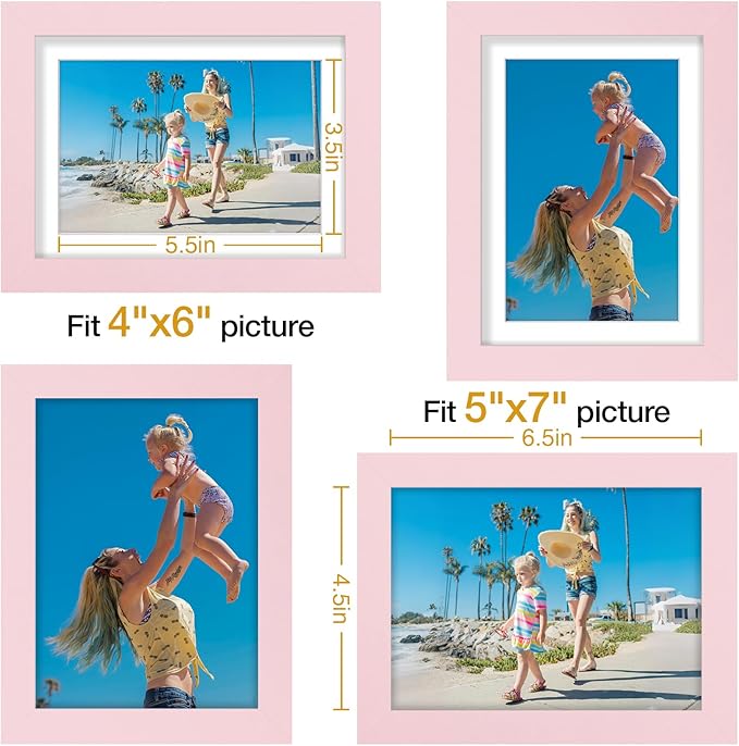 Vittanly 5x7 Picture Frames Set of 9, Display 4x6 Pictures with Mat or 5x7 without Mat, Photo Frames for Wall or Tabletop with Plexiglass, Engineered Wood, Pink