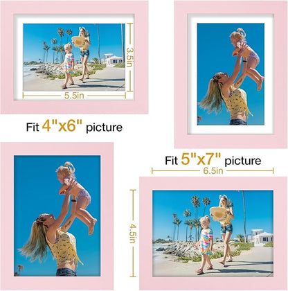 Vittanly 5x7 Picture Frames Set of 9, Display 4x6 Pictures with Mat or 5x7 without Mat, Photo Frames for Wall or Tabletop with Plexiglass, Engineered Wood, Pink