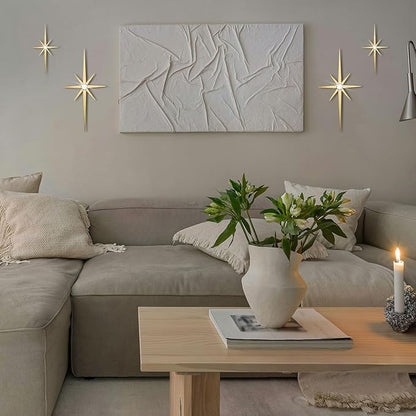 4 Pack Metal Star Wall Art 8 Pointed Starburst Wall Decor Set with 2 Large & 2 Small Pieces Mid Century Celestial Metal Wall Sculpture for Bedroom Living Room Office Gallery Wall