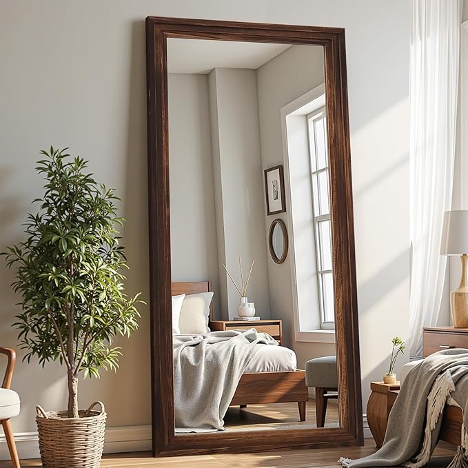 Antok Full Length Mirror with Solid Wood Frame, 71"×32" Wall Mounted Oversized Floor Mirror with Stand, Leaning Standing Hanging for Bedroom Living Room Entryway, Walnut, Rect Style