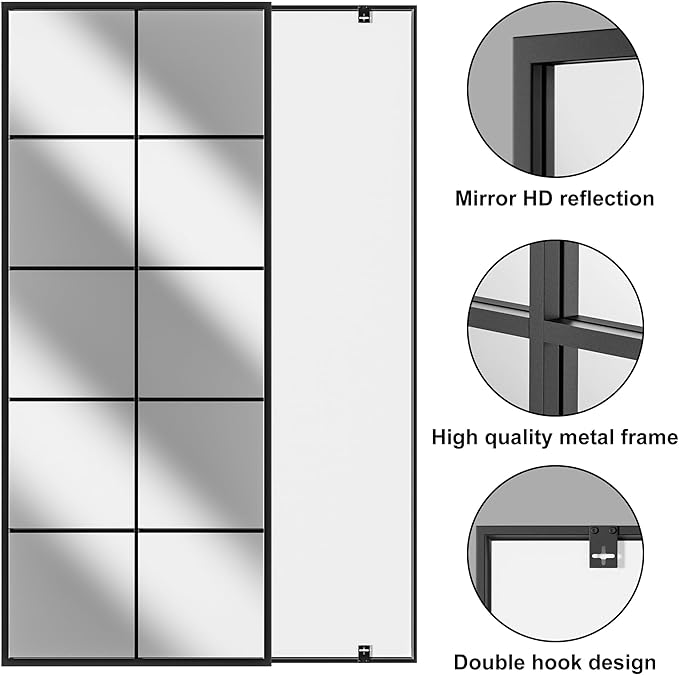 Prywot Full Length Mirror, 65"x24" Window Pane Mirror for Wall Decor, Black Full Body or Wall Mounted Mirrors, Farmhouse Standing Mirrors Hanging or Leaning for Living Room, Entryway, No Stand