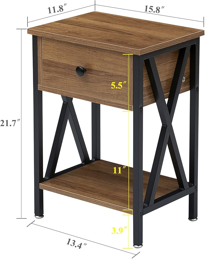 VECELO Nightstand,Modern Bedside End Table, Night Stand with Drawer and Storage Shelf for Living Room Bedroom, Industrial Metal Frame
