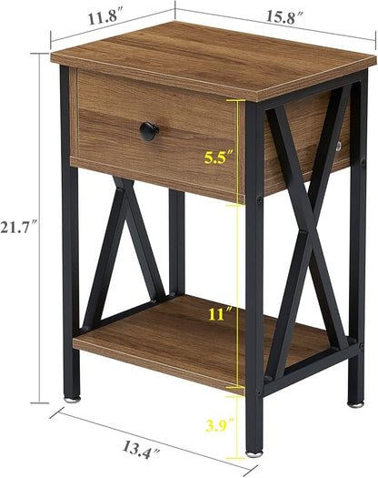 VECELO Nightstand,Modern Bedside End Table, Night Stand with Drawer and Storage Shelf for Living Room Bedroom, Industrial Metal Frame