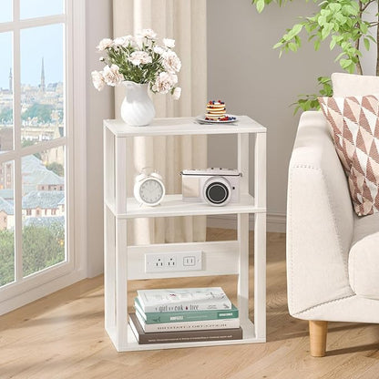 YUFAM 3-Tier Small Narrow Wood Side Table with Charging Station, Skinny Nightstand for Small Space, Slim Bedside Table with Storage for Couch, Thin End Table with USB Ports and Outlets, Grey White