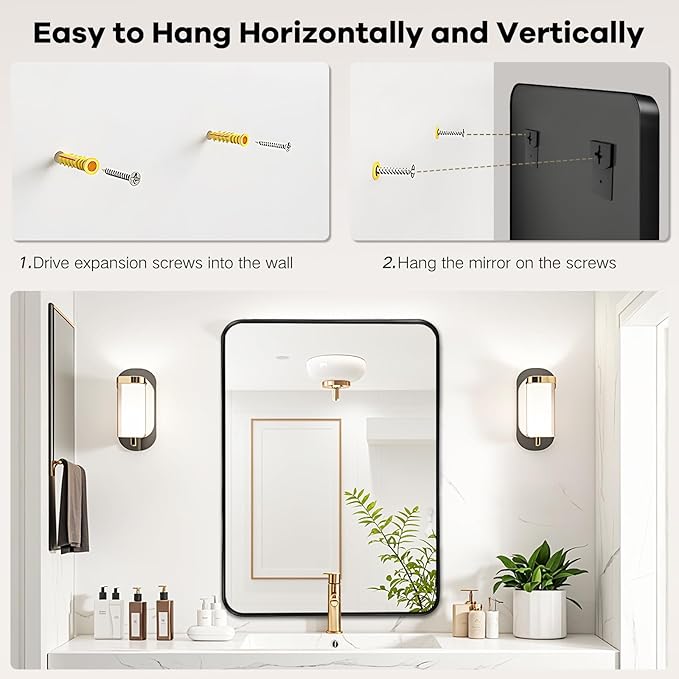 24x30 Inch Black Metal Framed Mirror - Black Bathroom Mirror for Over Sink, Matte Round Corner Rectangle Vanity Mirror for Restroom, Bedroom, Entryway, Hanging Vertically or Horizontally