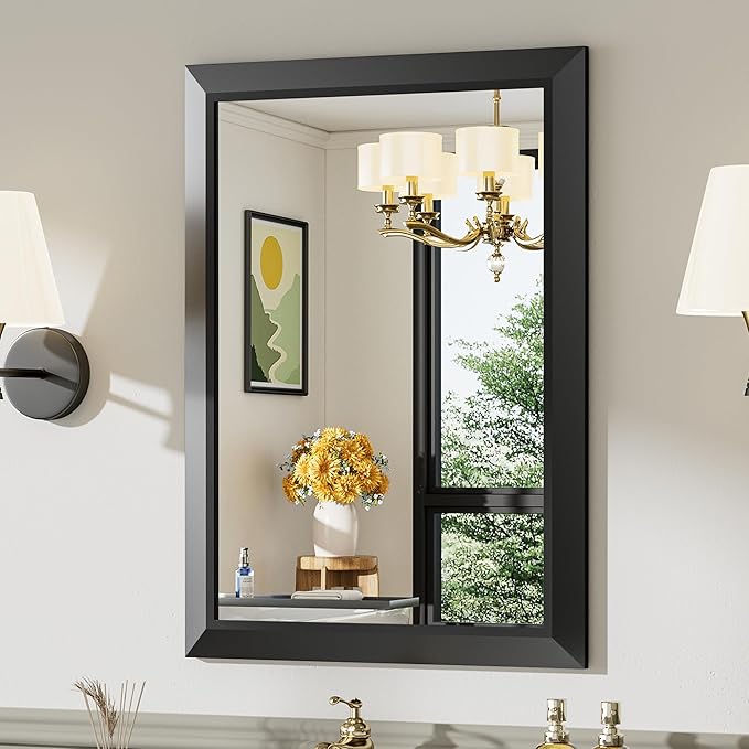 Briivue 22x30 Inch Black Bathroom Mirror for Wall, Thick Metal Framed Rectangle Mirrors for Over Sink, Bedroom, Living Room, Entryway, Anti-Rust, HD Tempered Glass