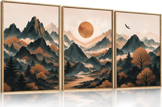 Celestdeco Large Boho Mountain Framed Canvas Wall Art Set,Brown Ridge Landscape Wall Decor,Pine Tree Scenery Wall Painting, Sunrise Abstract Wilderness Art Print for Living Room,Bedroom,Office-16"X24"X3
