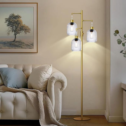 Modern Standing Lamps for Living Room, Floor Lamp with Clear Ribbed Glass Shade, Dimmable Tree Lamp Standing Lamp, Mid Century Tall Lamps with 3×600LM LED Bulbs