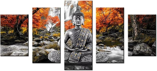 AWLXPHY Decor Buddha Waterfall Wall Art Canvas Painting Framed 5 Panels for Living Room Decoration Modern Landscape Buddha Trees Zen Stretched Artwork Giclee (Yellow, 60"x30")