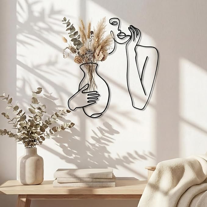 Pelopy Black Metal Wall Decor, Abstract Woman Wall Art, Minimalist Line Vase Decor, Modern Aesthetic Metal Women Art for Home Bedroom Bathroom Living Room