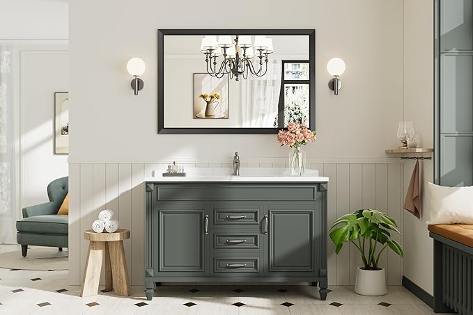 Briivue 48x32 Inch Black Bathroom Mirror for Wall, Thick Metal Framed Rectangle Mirrors for Over Sink, Bedroom, Living Room, Entryway, Anti-Rust, HD Tempered Glass