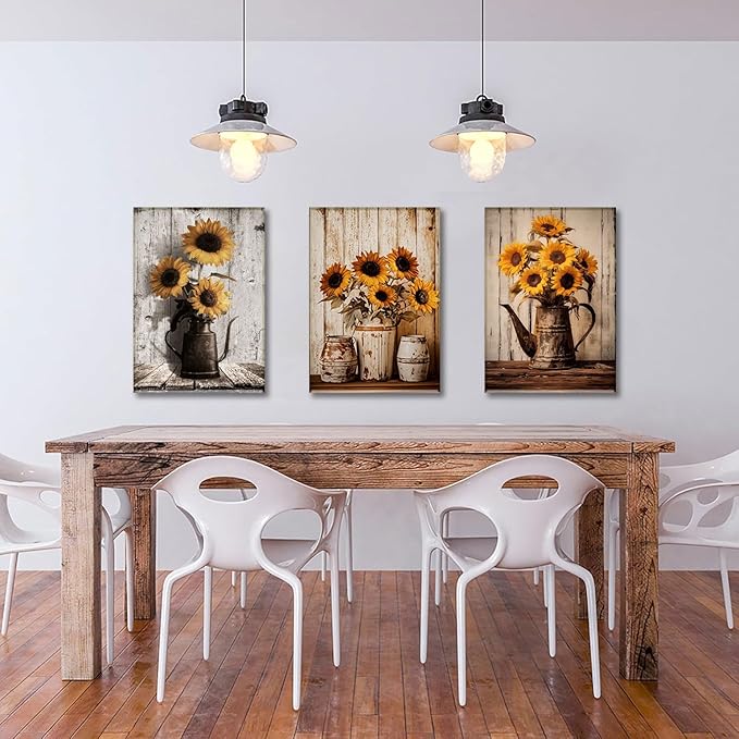 AOYUSMO 3 Piece Sunflower Wall Art Rustic Vintage Floral Canvas Wall Art Flower in Pitcher Pictures Wall Decor Farmhouse Art Prints for Kitchen Living Room Bedroom 12"x16" Framed